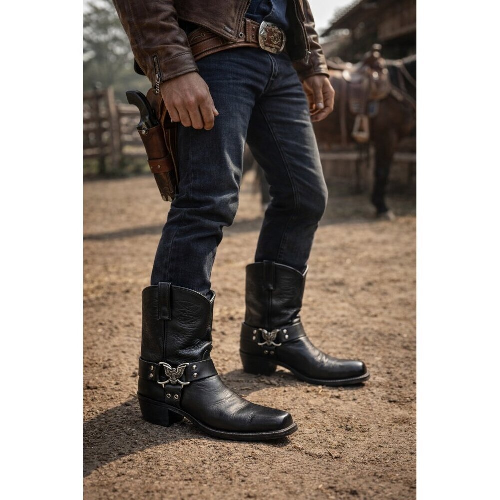 Texas USA Made Black Leather Western Harness Boots Eagle Detail Men’s 9